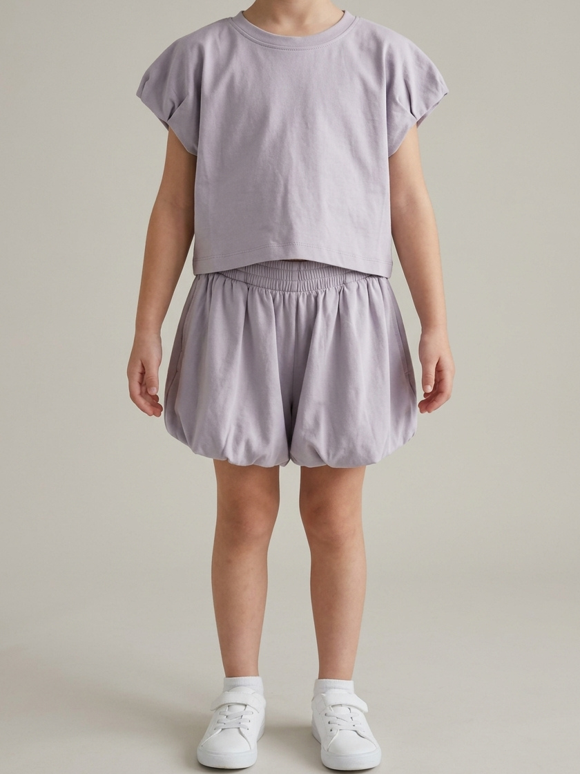 Puff-sleeve top and shorts set, on model